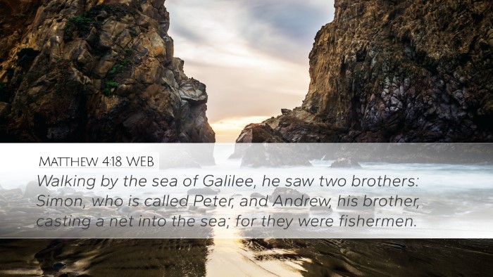 Matthew 4:18 WEB Desktop Wallpaper - Walking by the sea of Galilee, he saw two - Desktop Bible Verse Wallpaper